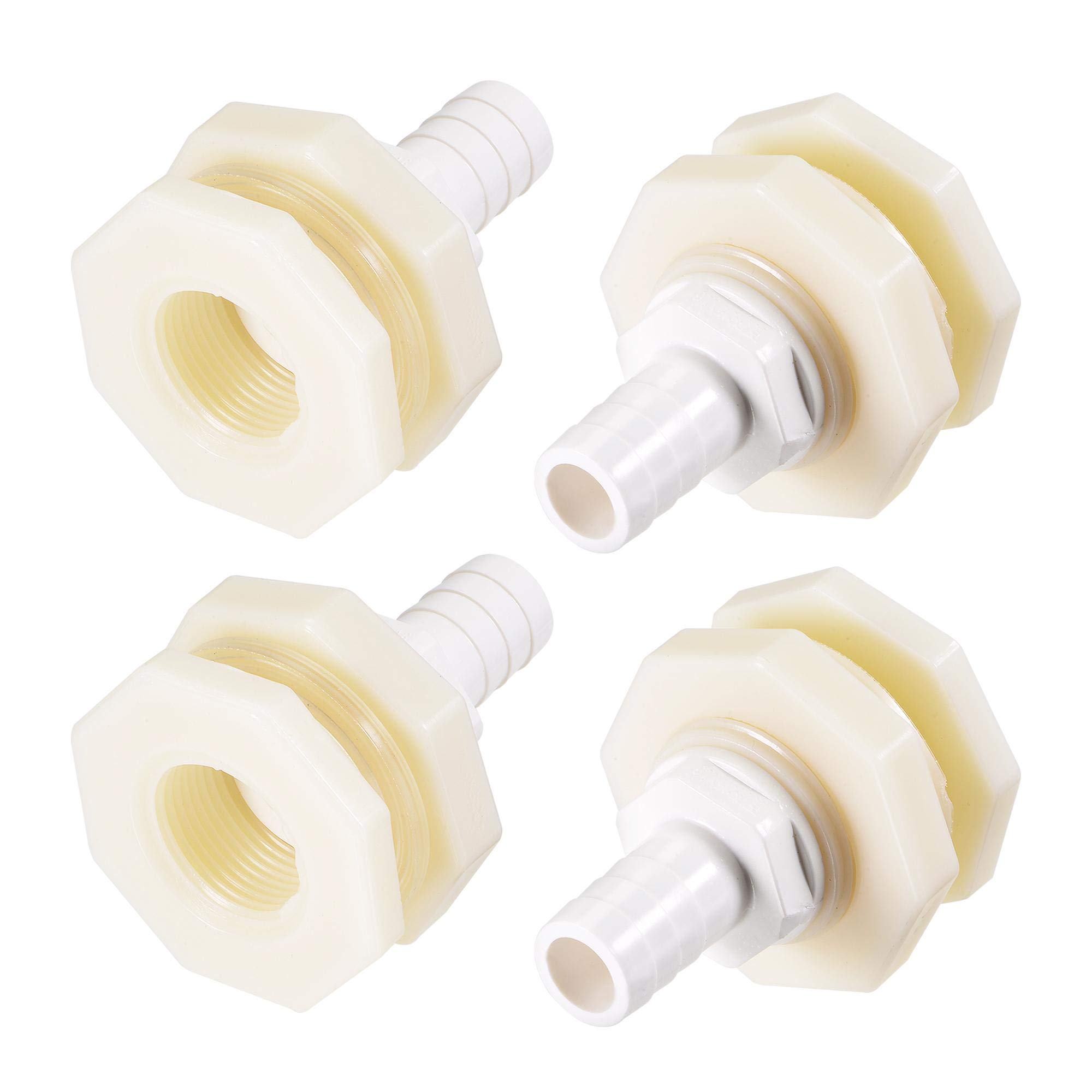 sourcing map Bulkhead Fitting Adapter 16mm Barbed x G3/4 Female ABS White for Aquariums, Water Tanks, Tubs, Pools 4Pcs