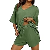 Dokotoo Women's 2 Piece Loungewear Sets Casual Short Sleeve Womens Tops Drawstring Shorts Pants Waffle Knit Sets