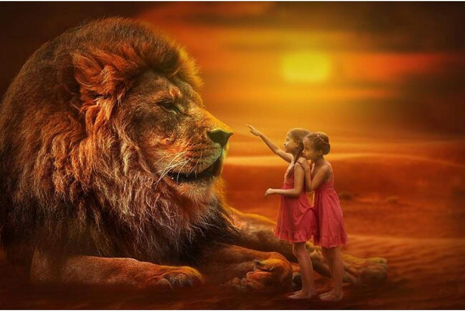 OLGKJ Zwillinge mit Löwen afrikanische Gemälde Leinwandbilder an der