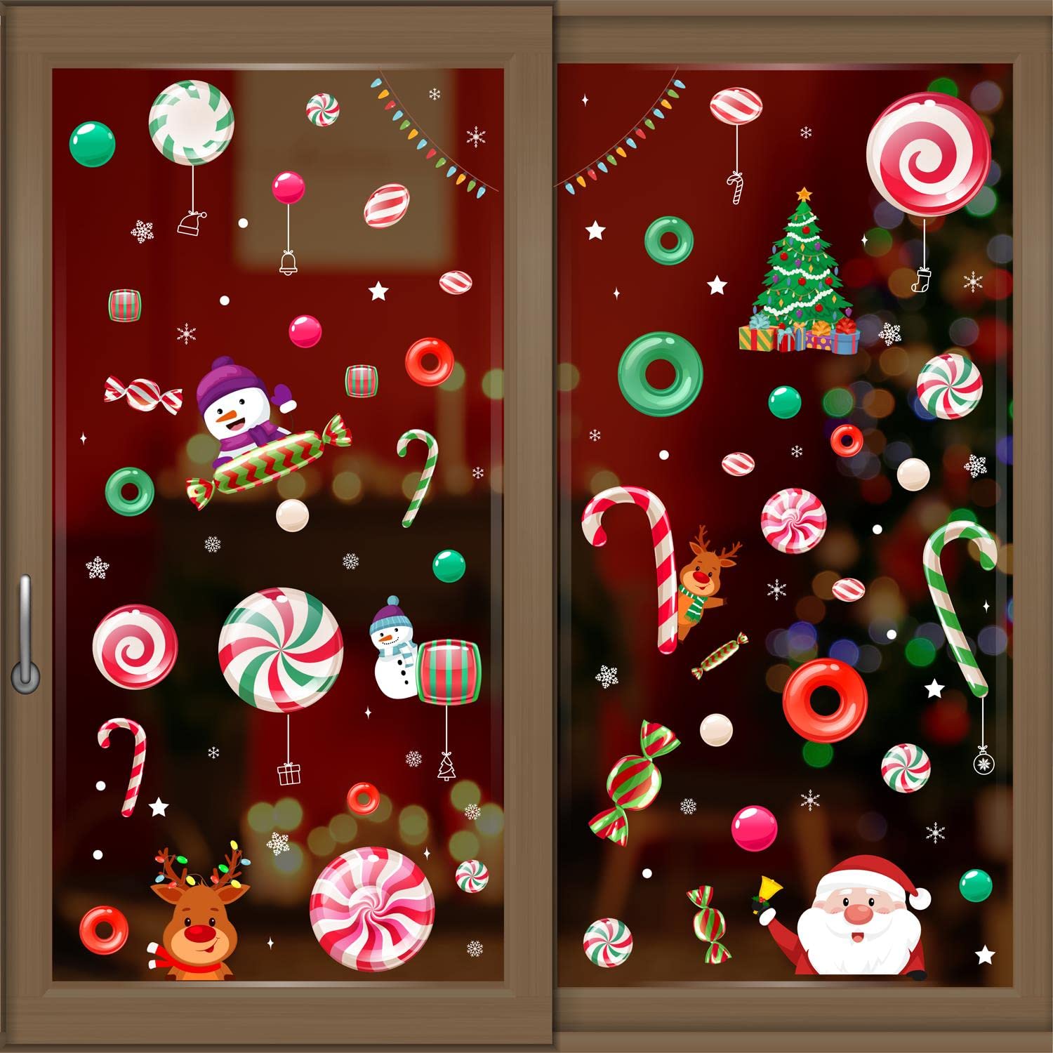 WALPLUS Christmas Window Stickers Clings Xmas Decoration Sale Clearance Reusable Double-Sided Print Decals Glass Living Room Windows Display Santa Friends in Candyland 101 Pieces,C2WSW014,One Size