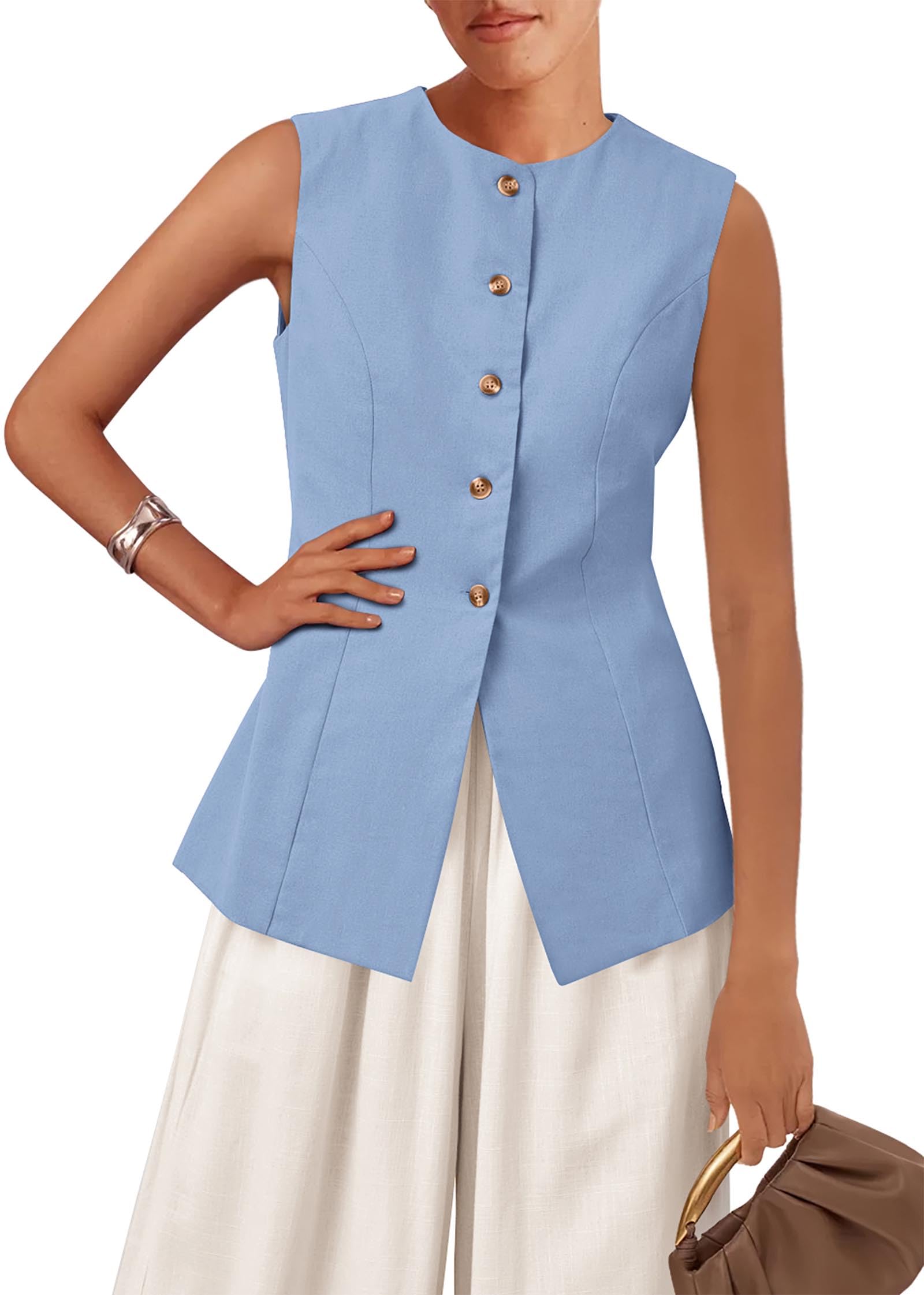 KIRUNDO Blazer Vest for Women Trendy 2025 Dressy Business Casual Summer Button Down Sleeveless Work Suit Waistcoat Tops(Light Blue, Medium)