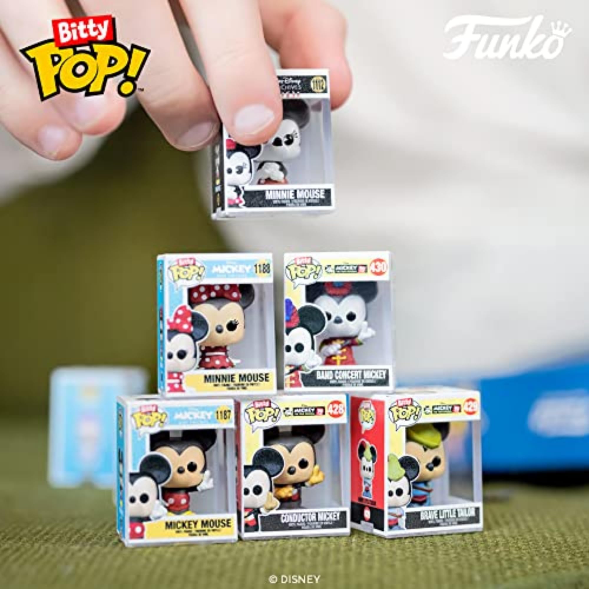 Funko Bitty POP! Disney - Mickey, 4-Pack - Mickey Mouse, Minnie Mouse (Pink Dress), Pluto and A Surprise Mystery Mini Figure - 0.9 Inch (2.2 Cm) Collectable - Stackable Display Shelf Included