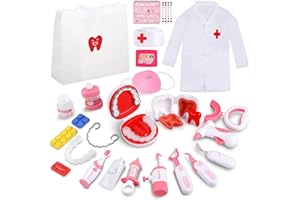 HOPANDOS Dentist Play Set for Kids Ages 3-8, 26PCS Realistic Pretend Dental Toy Kit with Teeth Cleaning Tools, Doctor Costume & Learning Guide. STEM Educational Toys, Toddler Medical Kit for Boys & Girls Gifts