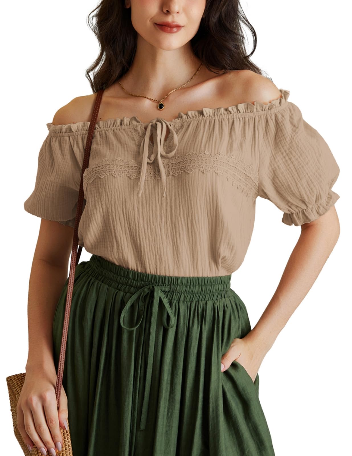 Photo 1 of Scarlet Darkness Renaissance Shirt Women Off Shoulder Short Sleeve Peasant Blouse Cotton Tops Khaki XXL