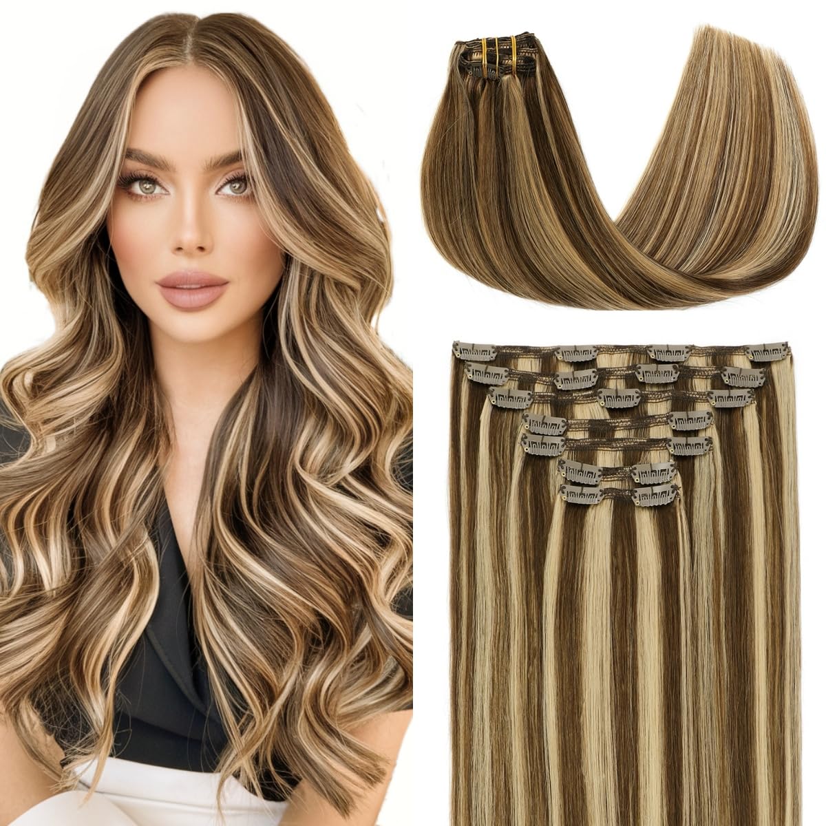 VINBAO Clip in Hair Extensions Real Human Hair 20inch 160g 7pcs Medium Brown Highlighted Caramel Blonde Remy Real Hair Extensions Clip in Human Hair (#7C4P27, 20'')