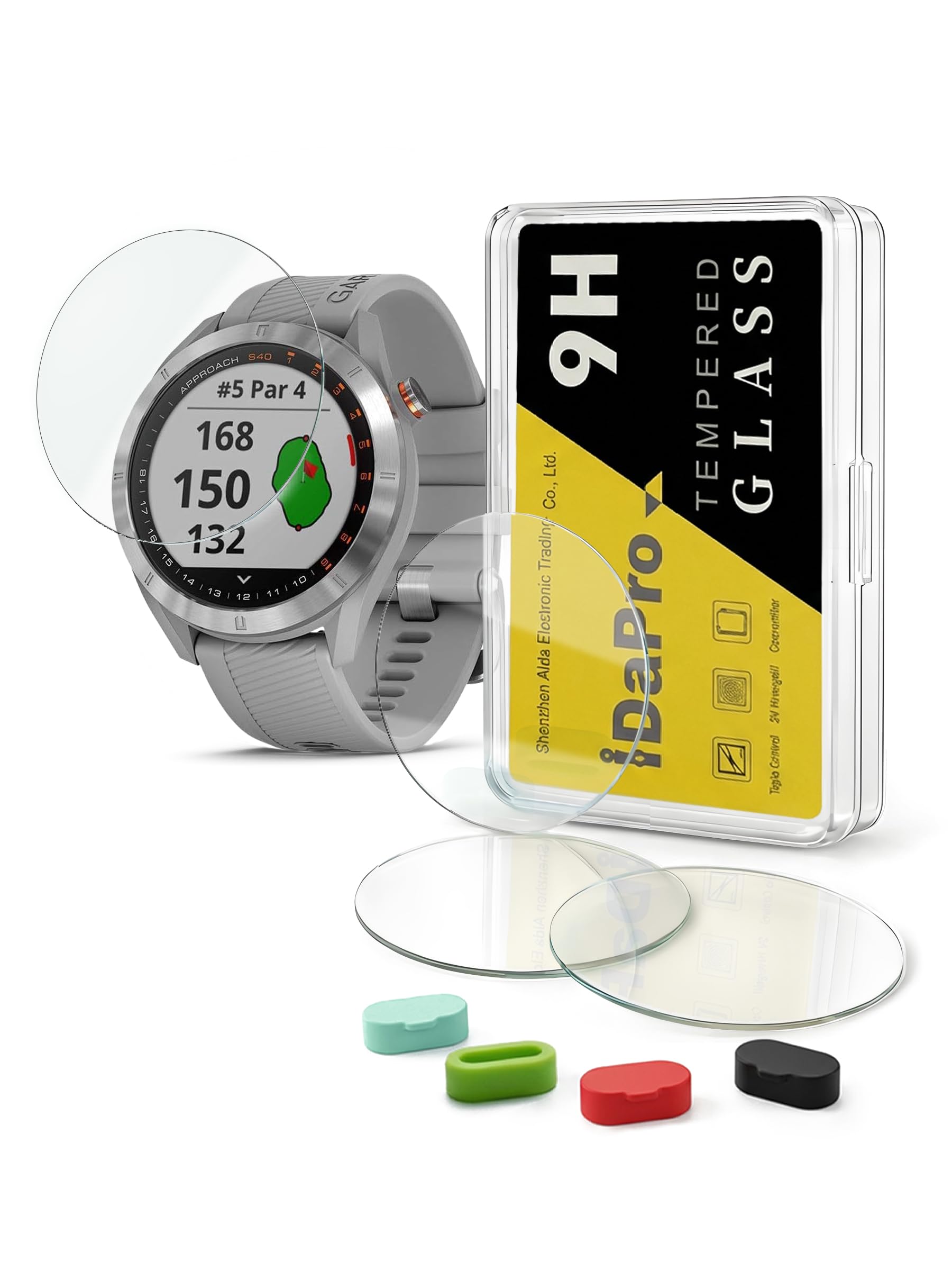 [4 Pack] Screen Protector for Garmin Approach S40 S60 Premium GPS Golf Watch + Silicone Anti-dust Plugs, iDaPro Tempered Glass Anti-Scratch Bubble-Free Easy Installation