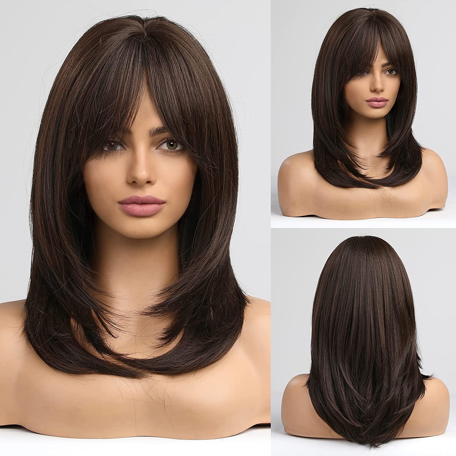 EMMOR Dark Brown Layered Wigs with Bangs - Shoulder-Length, Heat Resistant Synthetic Fibre