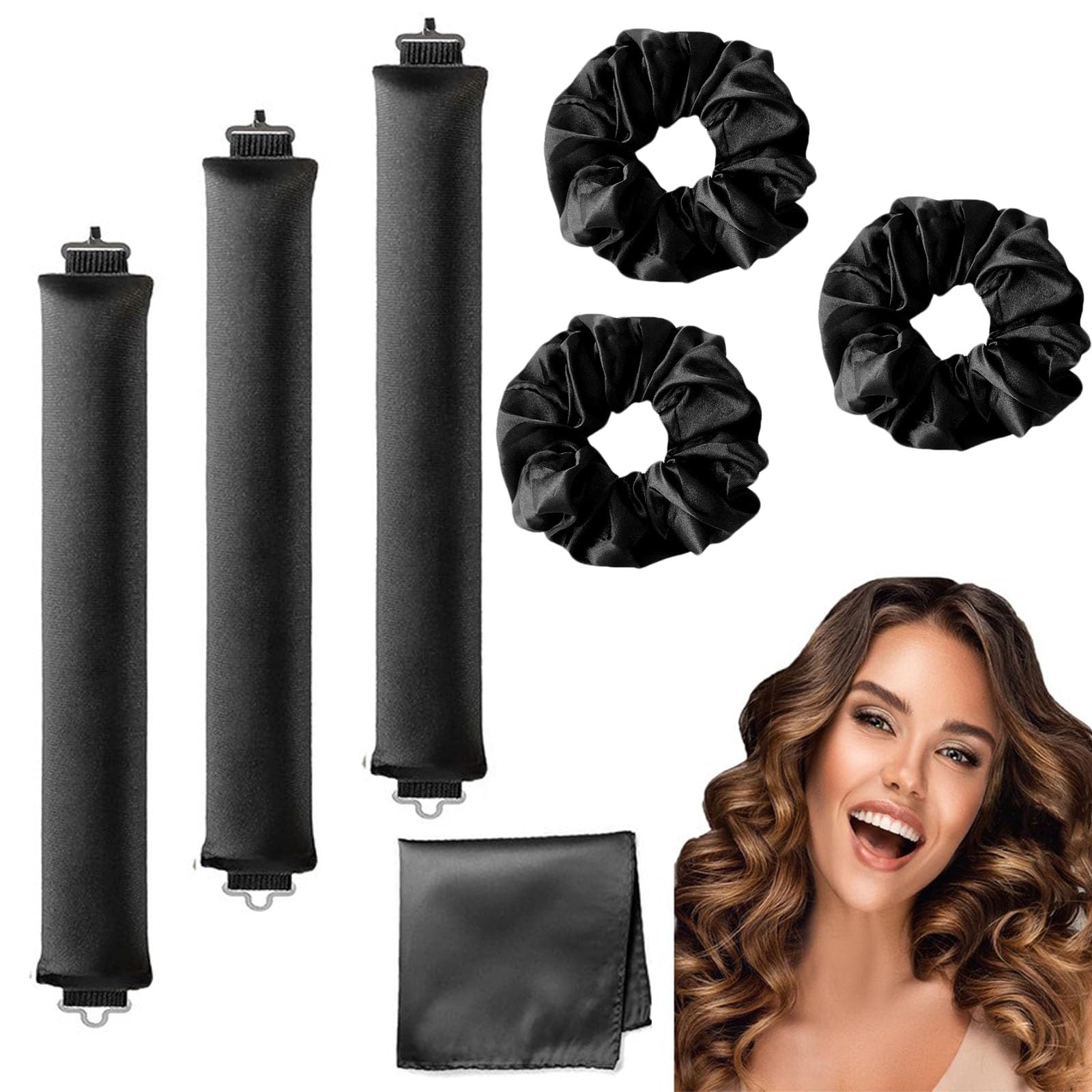 7 Piece Set Heatless Curling Rod, Perfect Heatless Curlers, Overnight Blowout Rods, Heatless Curling Rod, Overnight Blowout, Curling Rods, Non Thermal Hair Dryer Suitable for All Hair Types, Black