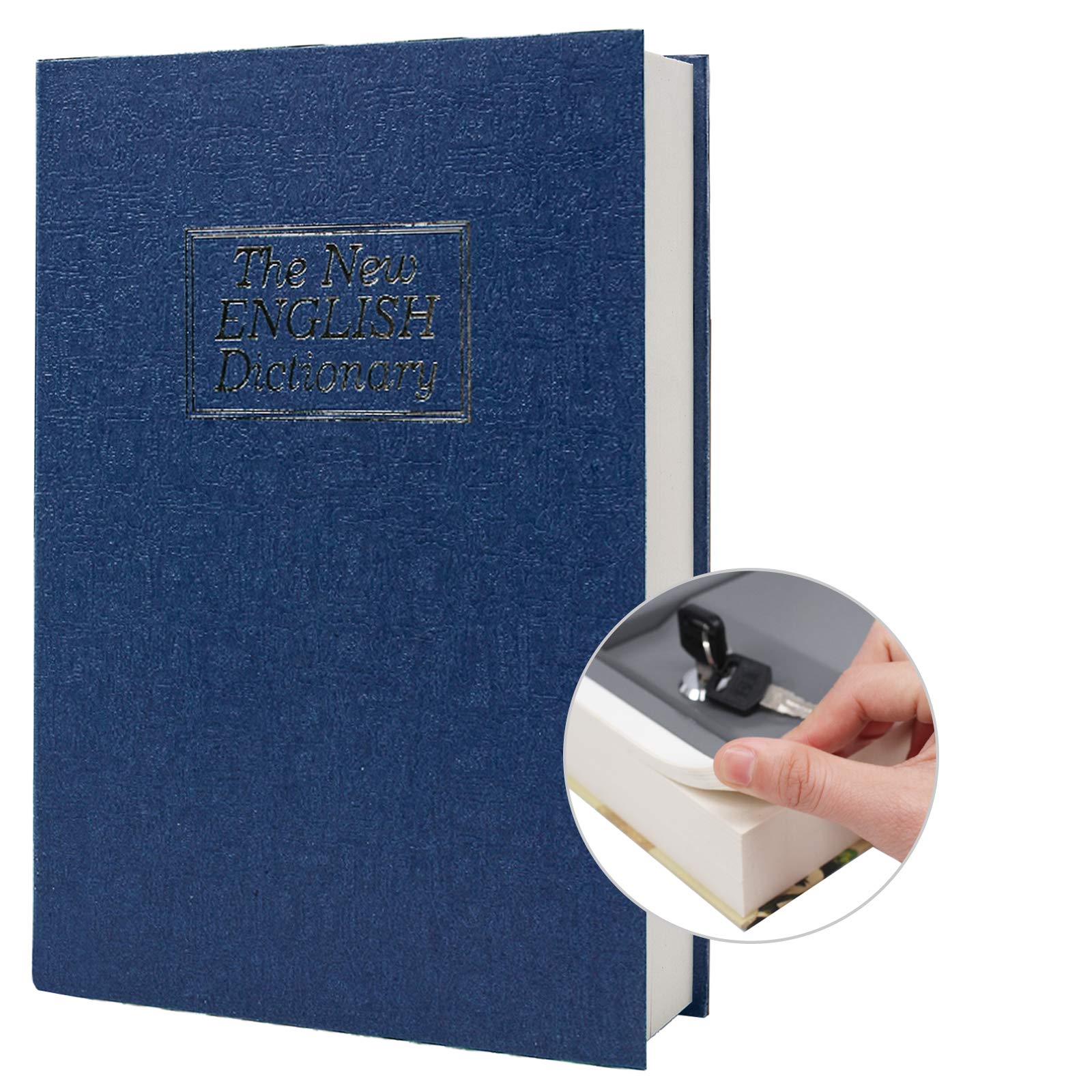 Real Paper Diversion Book Safe Storage Box, Dictionary Secret Safe with Code Lock/Key, flip Book Hidden Safe (M Key, Blue dictionary)