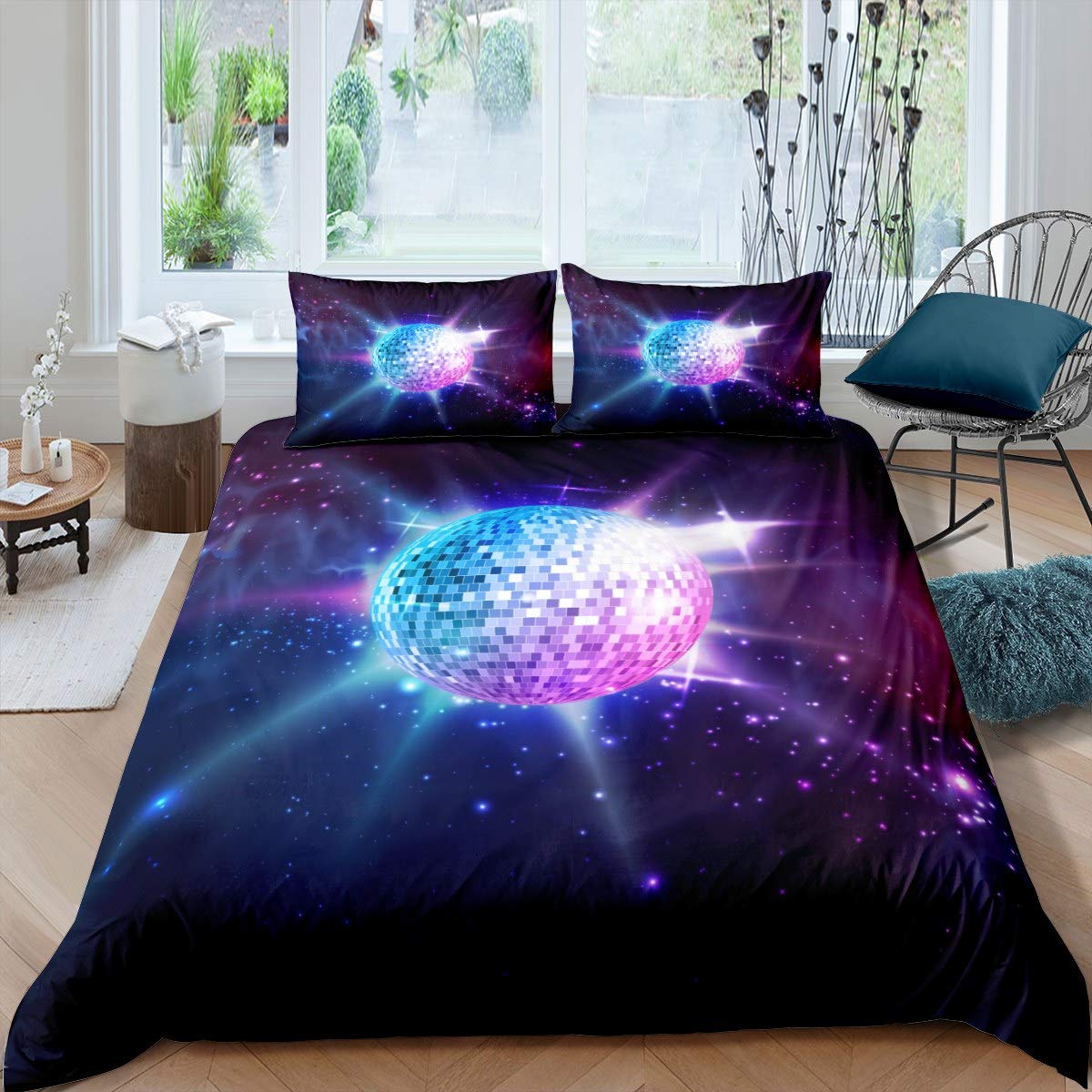 Glitter Ball Bedding Set Disco Ball Comforter Cover for Boys Girls Children Galaxy Space Duvet Cover Stars Prrple Room Decor Starry Sky Bedspread Cover Single Size Quilt Cover 2Pcs