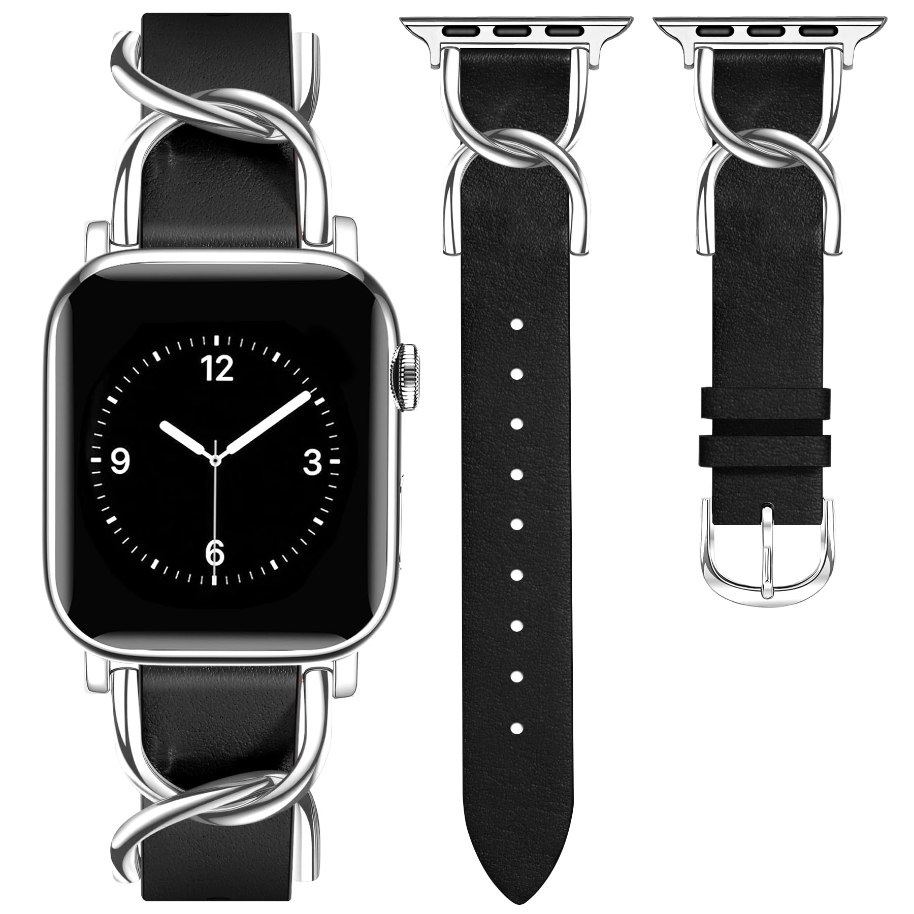Photo 1 of JR.DM Leather Bands Compatible with Apple Watch 38mm 40mm 41mm 42mm(S11/10) Women Dressy Fancy Cute Strap with Designer Double U-Shaped Buckle for iWatch Series Ultra/SE 11/10/9/8/7/6/5/4/3/2/1 Black