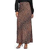 Islis Women's Slik Satin Leopard High Waist Wrap Elastic Waisted Maxi Long Skirt