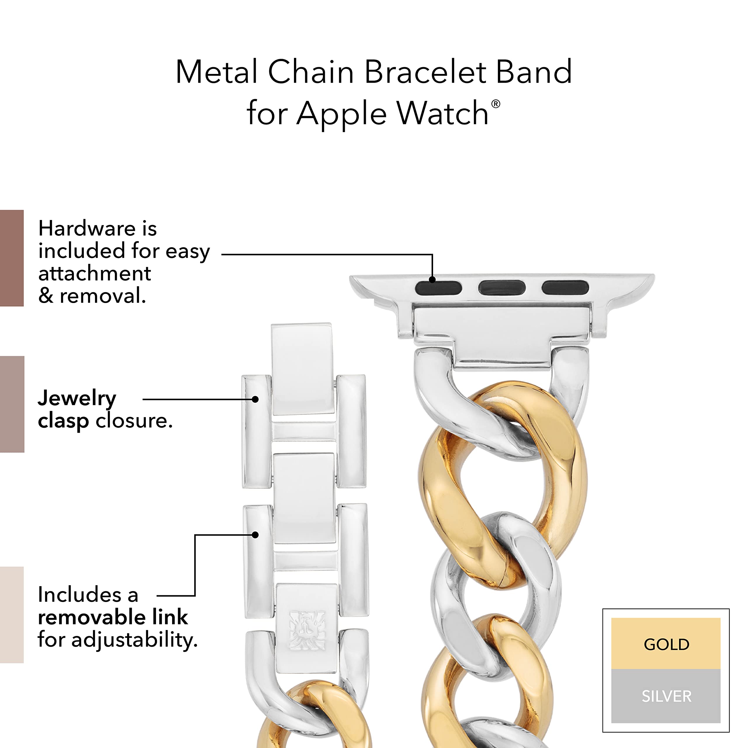 Anne Klein Fashion Chain Bracelet for Apple Watch, Secure, Adjustable, Apple Watch Replacement Band, Fits Most Wrists