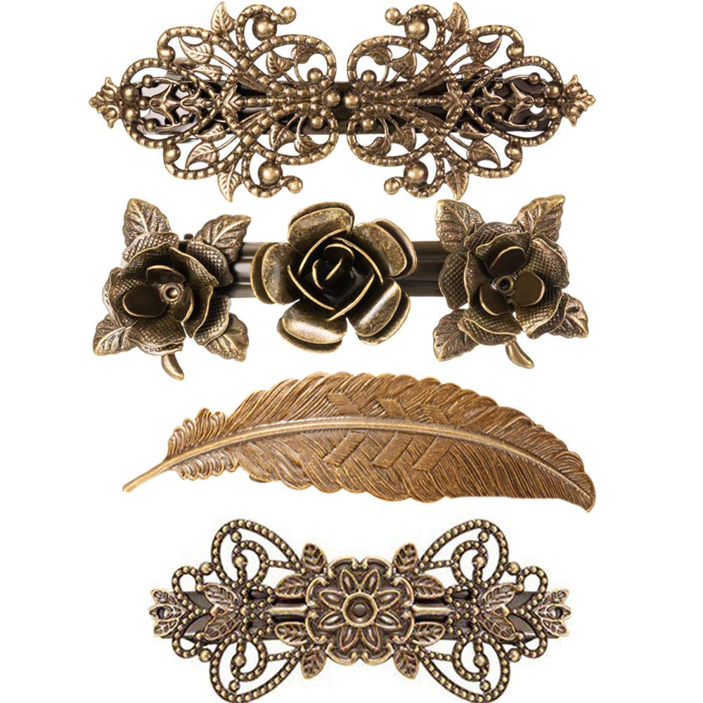 4Pcs Vintage Metal French Hair Barrettes Retro Rose Flower Feather Bronze Hair Clips Hair Pins Bronze Hair Accessories For Women