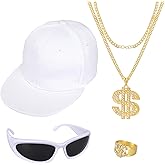 4Pcs Hip Hop Costume Set 80s 90s Rapper Hat Chain Ring Sunglasses for Men Women Halloween Party Outfit Multi