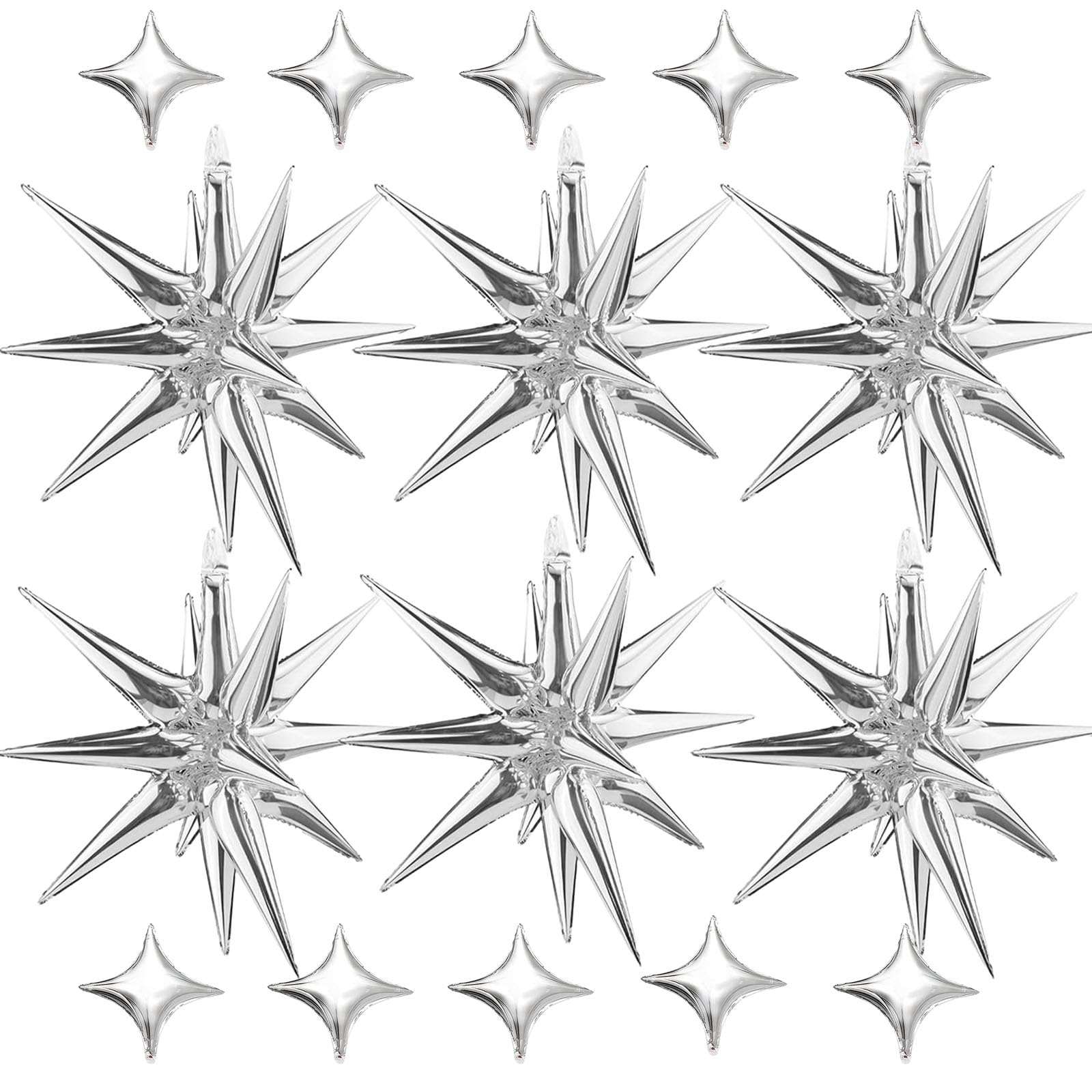 Photo 1 of PSKJATIN 6 Pcs Explosion Star Foil Balloons- 12 Point Star Balloons,Silver Spike Balloons and 10Pcs Four Pointed Star Balloos for Party Supplies Christmas Birthday Wedding Photo Booth