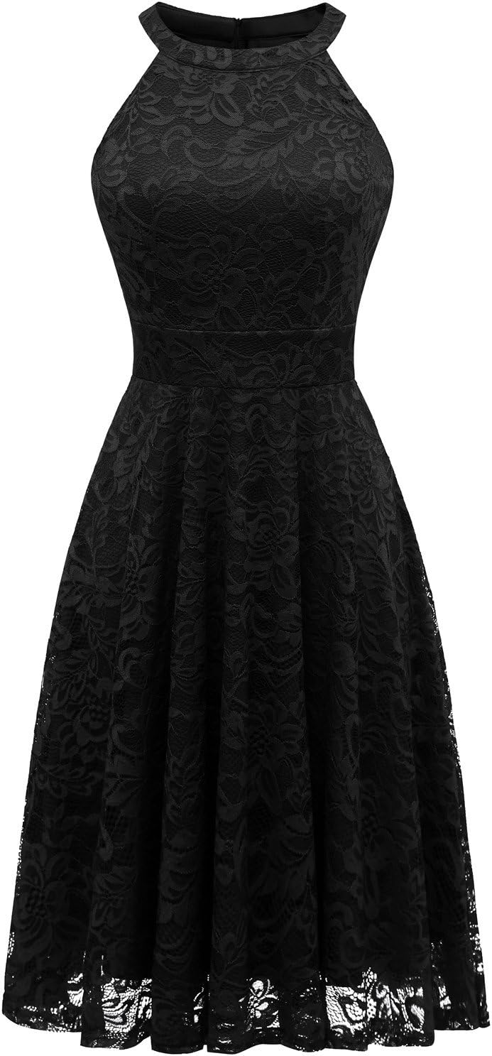 IVNIS Women's Halter Neck Floral Lace Bridesmaid Dress Sleeveless Swing Cocktail Dress