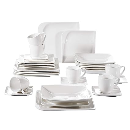 vancasso Cloris 30-teilig Porzellan Tafelservice Weiß, Eckiges Geschirrset, mit je 6 Kaffeetassen, Untertassen, Dessertteller
