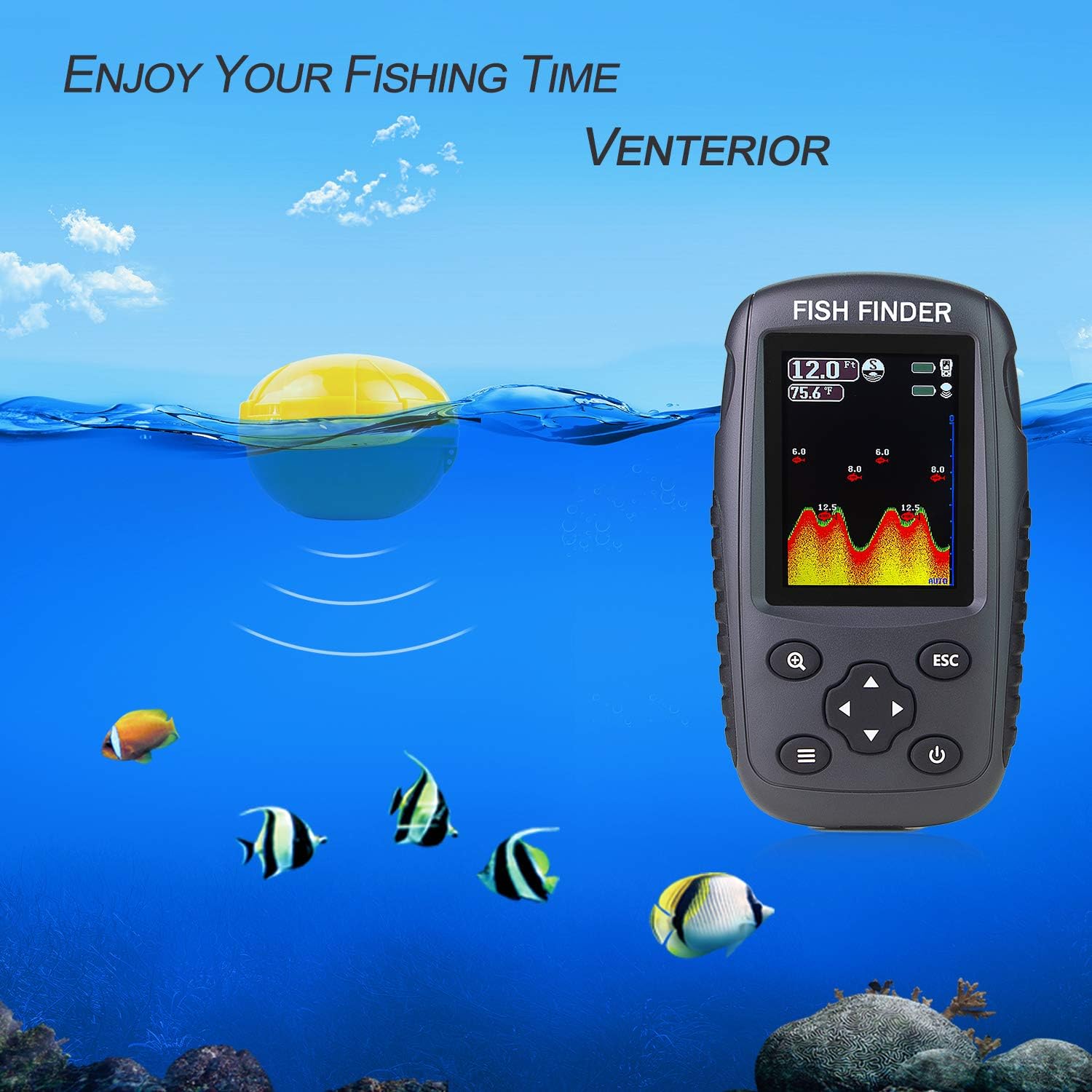 Venterior Portable Rechargeable Fish Finder Wireless Sonar Sensor Fishfinder Depth Locator with Fish Size, Water Temperature, Bottom Contour, Color LCD Display: GPS & Navigation