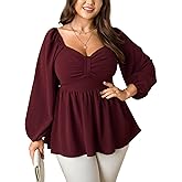 SCOMCHIC Women's Plus Size Blouses Long Sleeve Sweetheart Neckline Babydoll Ruffle Peplum Smocked Cute Casual Fall Tops
