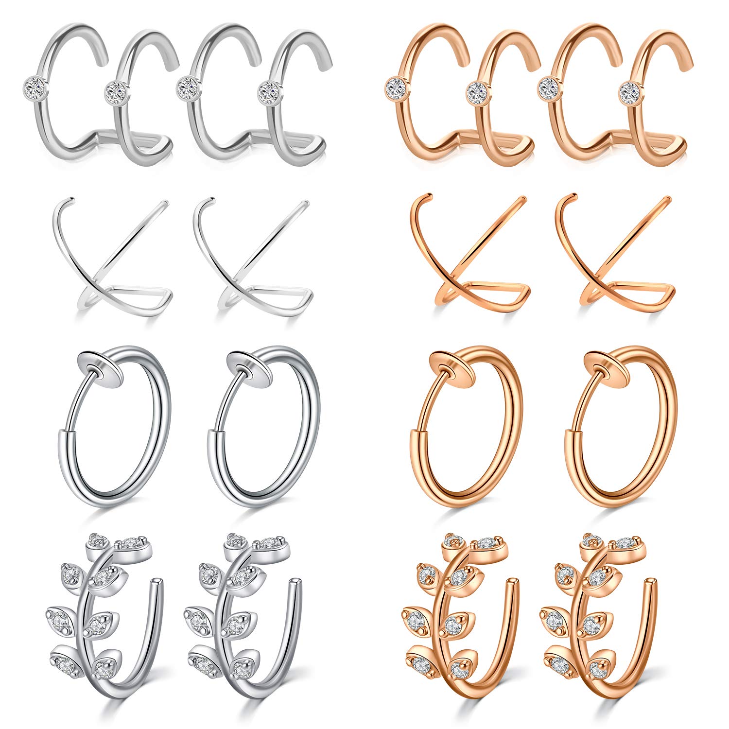 Mayhoop 16 Pcs Ear Cuffs Earrings Fake Piercings Stainless Steel Clips on Helix Cartilage Earring Fake Nose Lip Rings Non Piercing Wrap Silver Rosegold Set for Women Men