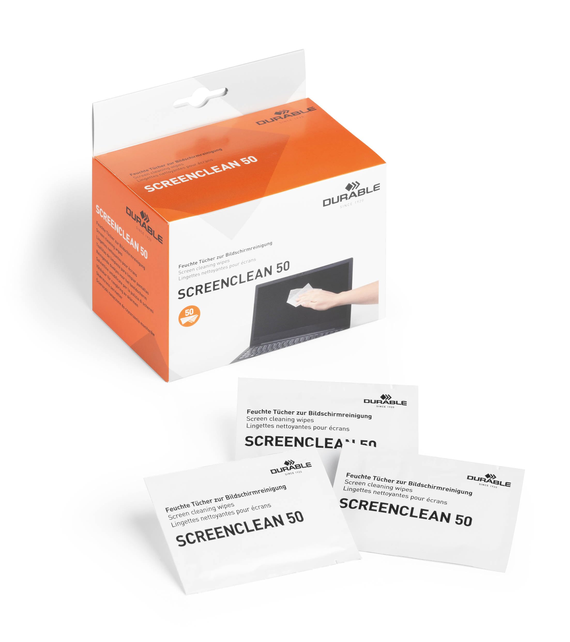 Durable SCREENCLEAN Biodegradable Screen Cleaning Wipes, for Phones, Laptops, TVs, iPads and Computers, 50 Sachets — image 1