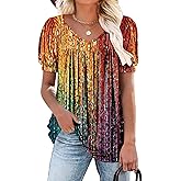 ROSELINLIN Womens Ruffle Sleeve Tunic Tops V Neck Loose Fit Short Sleeve Summer Shirts