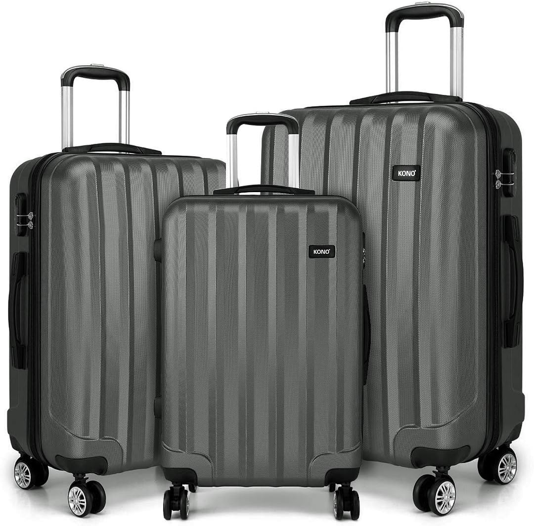 Kono Durable Hard Shell Suitcases with 4 Spinner Wheels Light Weight ABS+PC Travel Trolley Case 19” 24” 28” (3Pcs Set, Grey)