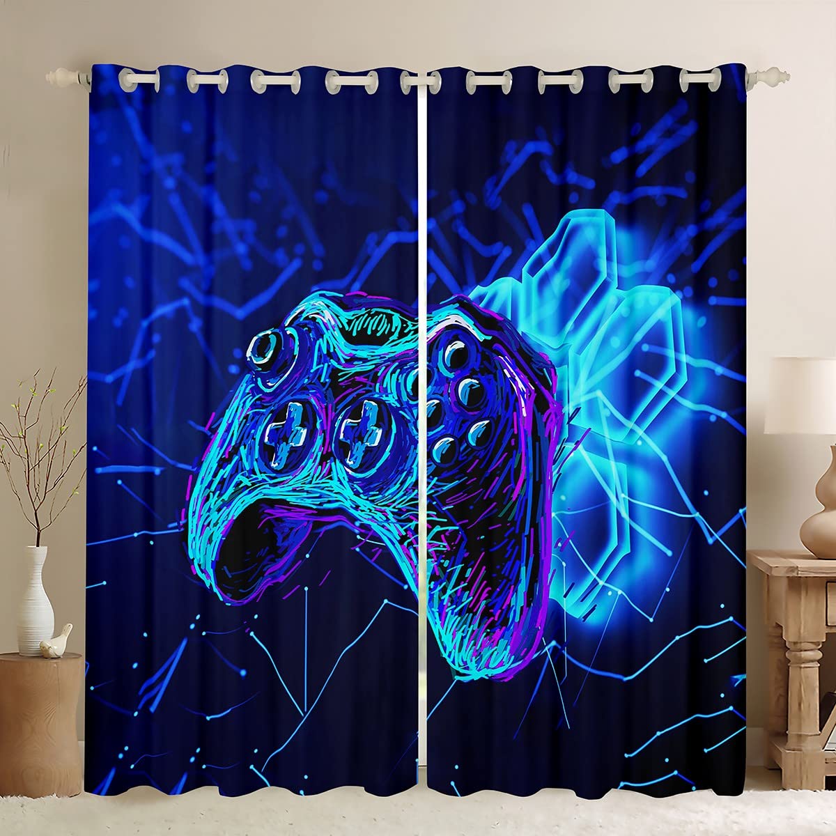 Loussiesd Kids Gamepad Window Treatments Blue Game Controller Curtain for Boys Girls Teens Decor Modern Gamer Window Drapes Gaming Console Window Curtain W46*L54
