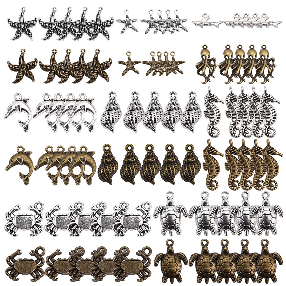 SUNNYCLUE 80pcs Marine Life Charms Sea Animal Charms Sea Turtle Starfish Conch Octopus Dolphin Crab SeaHorse for Jewelry Making Charms Lead Free, Nickel Free and Cadmium Free, Ocean Marine Theme