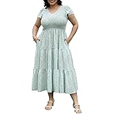 2025 Women's Plus Size Casual Dress V Neck Short Sleeve Summer Maxi Smocked Dresses