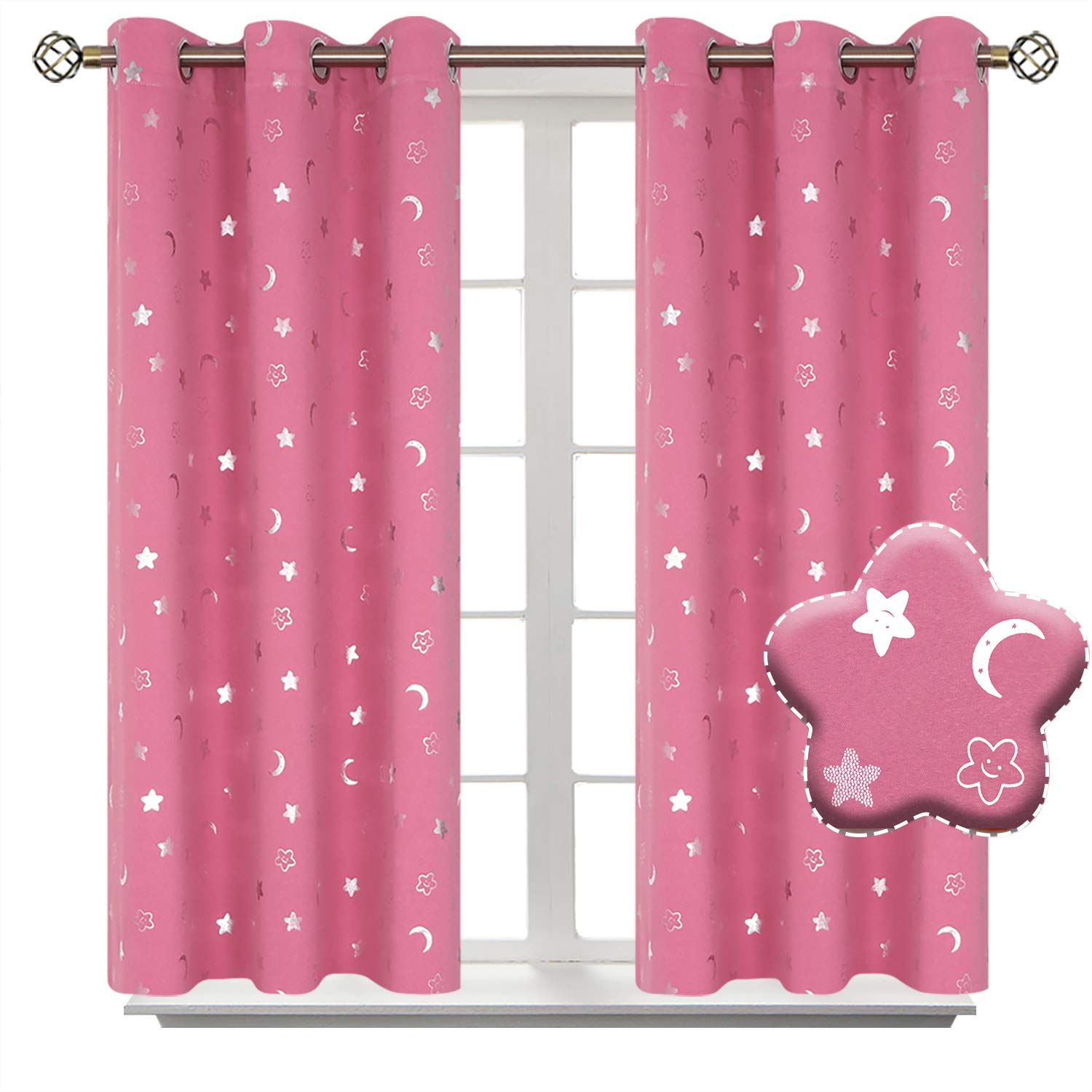 BGment Moon and Stars Blackout Curtains for Girls Bedroom, Grommet Thermal Insulated Room Darkening Printed Kids Curtains, 2 Panels of 42 x 45 Inch, Pink
