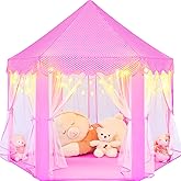 KIXINWA Pink Princess Tent for Girls With LED Small Star Lights, Castle Playhouse for Children Toddlers Indoor Outdoor Games, 5553 Inches
