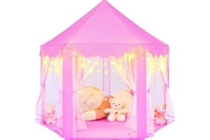 KIXINWA Pink Princess Tent for Girls With LED Small Star Lights, Castle Playhouse for Children Toddlers Indoor Outdoor Games, 5553 Inches