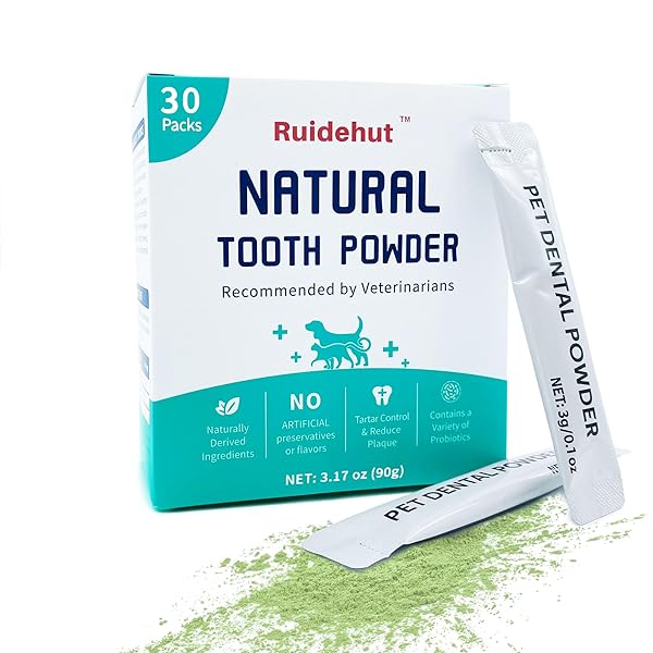 RUIDEHUT DOG TEETH CLEANING DENTAL POWDER – PLAQUE AND TARTAR REMOVAL – CLEAN TEETH, FRESHEN BREATH – CONTAINS PROBIOTICS – ADVANCED DENTAL CARE FOR DOGS AND CATS – 30 PACKS (90G)