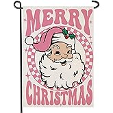 Fapulee Merry Christmas Garden Flags 12x18 inch Double Sided, Seasonal Xmas Pink Santa Claus Decorations, Small Winter Decor for Yard Outside Outdoor