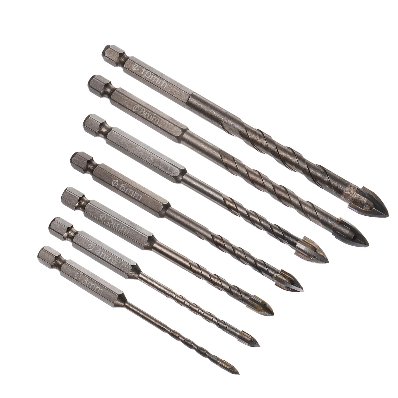 Kozelo 7pcs Masonry Drill Bit Set - [ 3mm to 10mm ] Concrete Drill Bit Set for Brick/Glass/Plastic/Ceramic Tile Use, 1/4" Hex Shank, Carbide