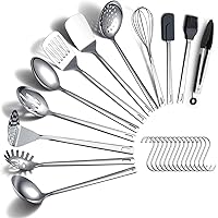 ReaNea Stainless Steel Cooking Utensils Set 26 Pieces, Heavy Duty Sturdy Kitchen Tool Set with Hooks, Metal Spatula Set, Dura