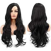 Baruisi Long Curly Wavy Black Wigs for Women Side Part Natural Looking Cosplay Synthetic Heat Resistant Replacement Wig