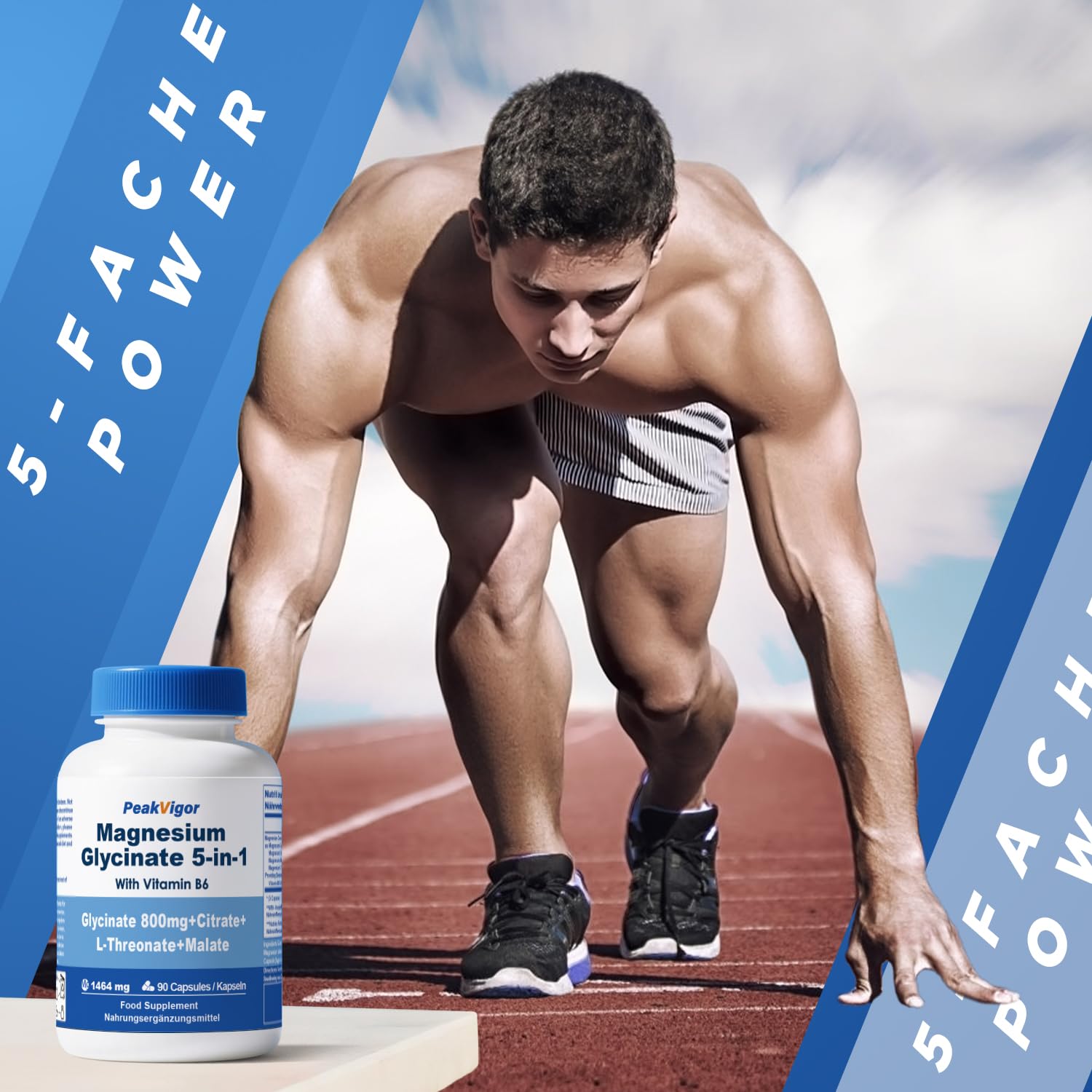 Magnesium Komplex 5 in 1-226mg elementares 105% NRV- Premium 1464mg Magnesiumglycinat, Citrat, Malat, L‑Threonat, Vitamin - hochdosiert - zur Unterstützung von Muskeln, Knochen, Herz, Nerven 6