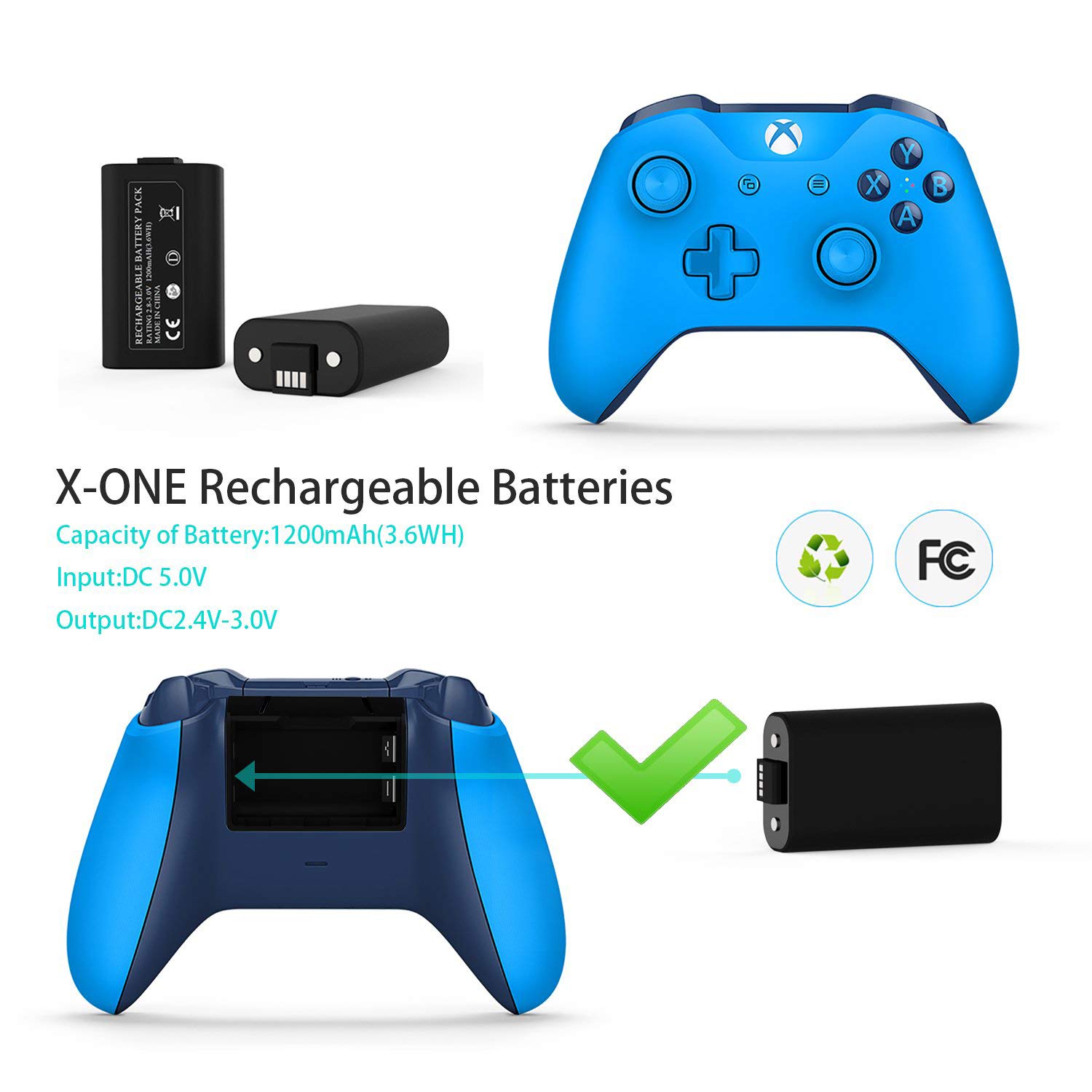 Xbox One Controller Battery Pack Compatible with Xbox One Play and Charge Kit, 2x1200mAh
