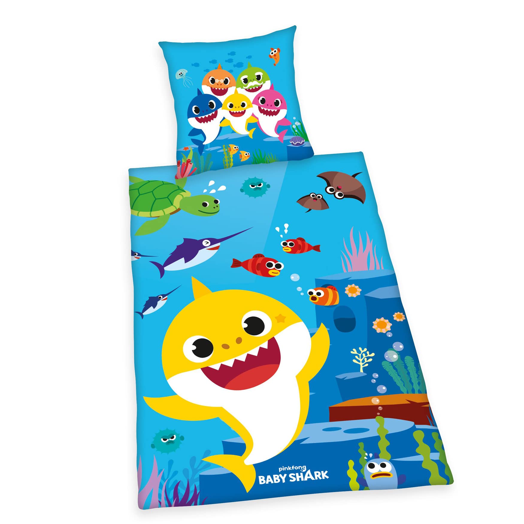 Herding Bedding Set Baby Shark, Pillowcase 80 x 80 cm, Duvet Cover 135 x 200 cm, With Button Placket, Cotton