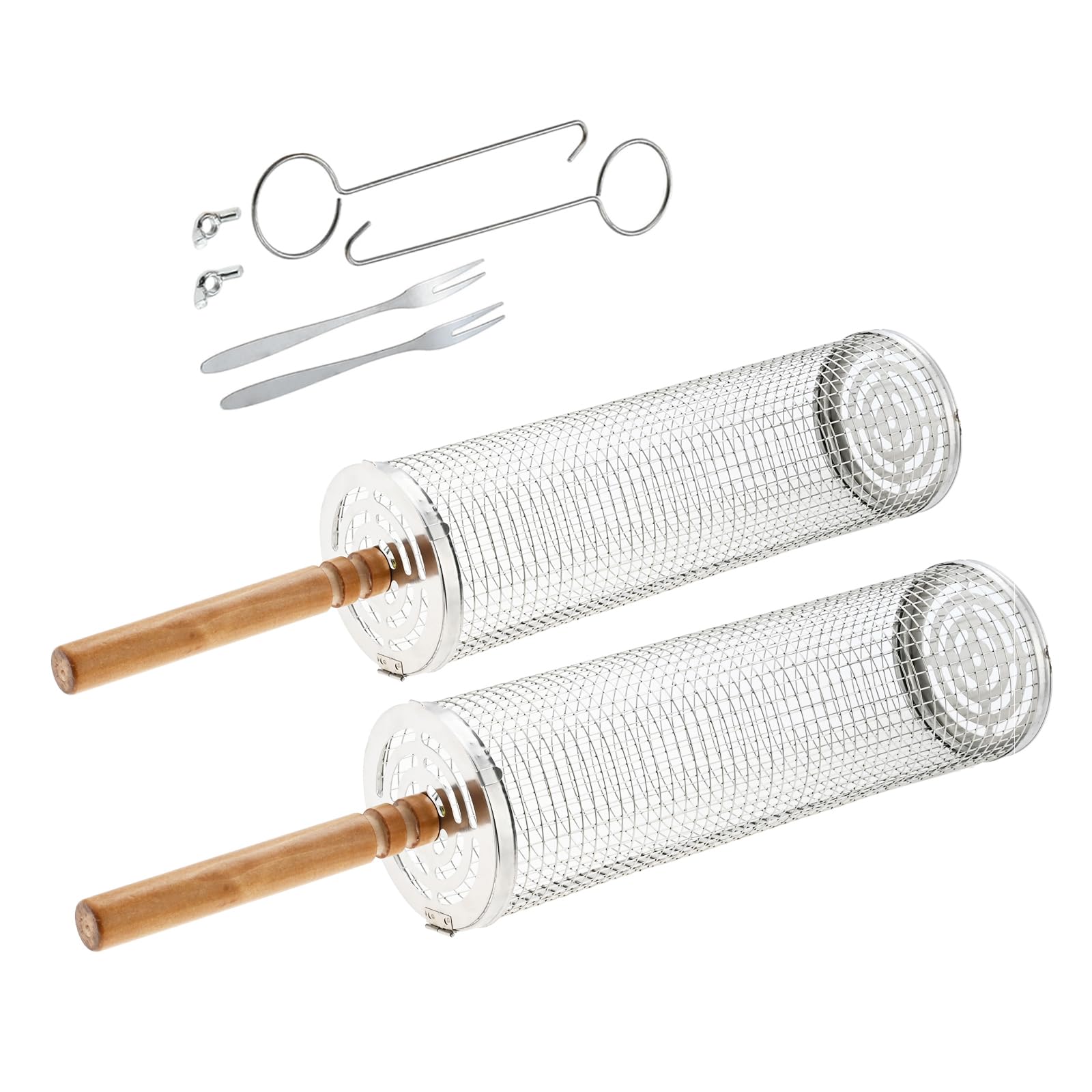 DRELD 2Sets of Grill Basket Rolling, Stainless Steel Grill Mesh Cage with Handle and Forks, Rolling Grill Rack Outdoor Barbecue Accessories for Vegetables, Meat, Fish