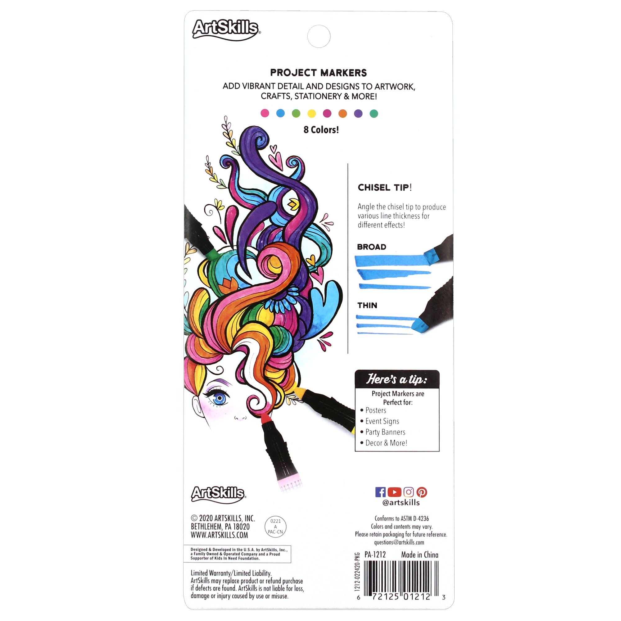 ArtSkills Jumbo Poster Markers for Kids, Neon Chisel Tip Markers, Dual-Tips, 8 Neon Colors, 4ct