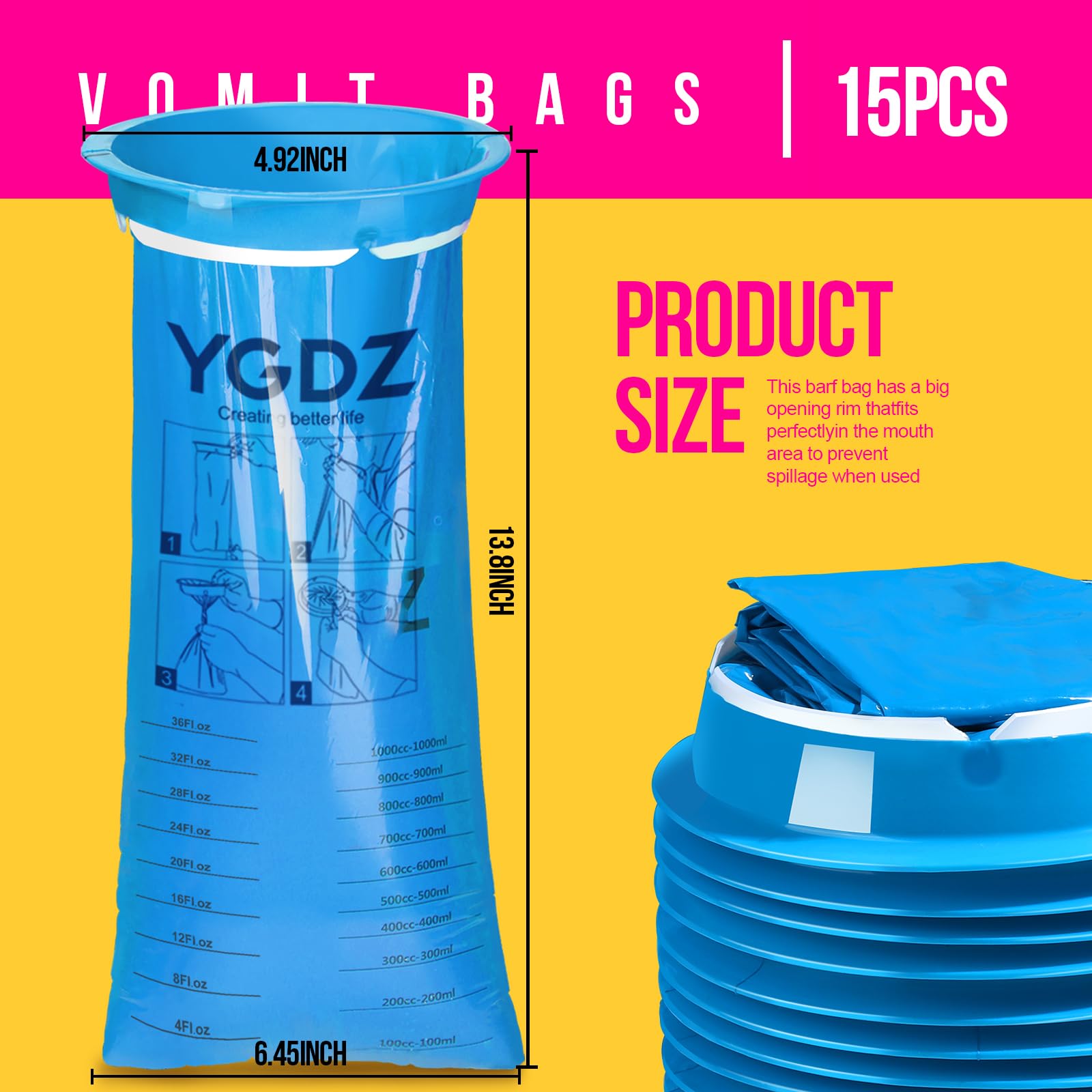 YGDZ YGDZ Vomit Bags Disposable, 15 Pack 1000ml Emesis Bag Disposable– Leak Resistant, Medical Grade, Portable, Puke Throw Up Nausea Barf Bags for Travel, Motion Sickness, for Women, Kids
