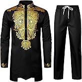 ZEROYAA Men's Africa Suit Long Sleeve Print Dashiki and Pants Outfit Traditional 2 Piece Set