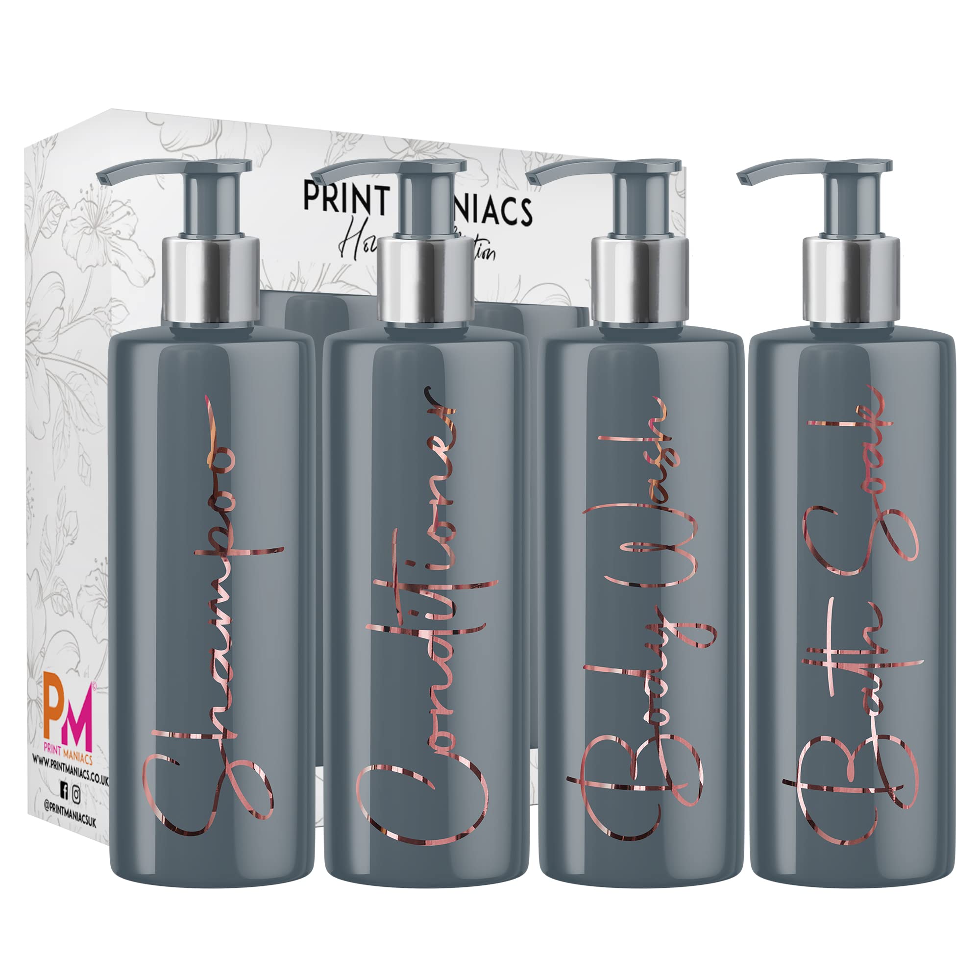Print Maniacs Grey Mrs Hinch Inspired Personalised 500ml Pump Bottles Bathroom Lotion Kitchen Set Shampoo Conditioner Body Wash F2 (Rose Gold, Set of 4)