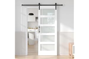 Fredbeck 30x80 White Glass Barn Door with 5.5FT 66inch Sliding Doors Hardware Kit Included,PVC Surface,Water-Proof,Water-Proof,Easy to Assembly