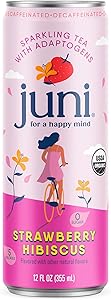 Juni Sparkling Adaptogen Drink with Ashwagandha, Lion’s Mane & Reishi Mushrooms, Decaffeinated, Strawberry Hibiscus 12 Fl Oz