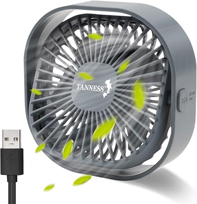TANNESS Desk Fan USB 360° Rotation Small Quiet 3 Speed Grey